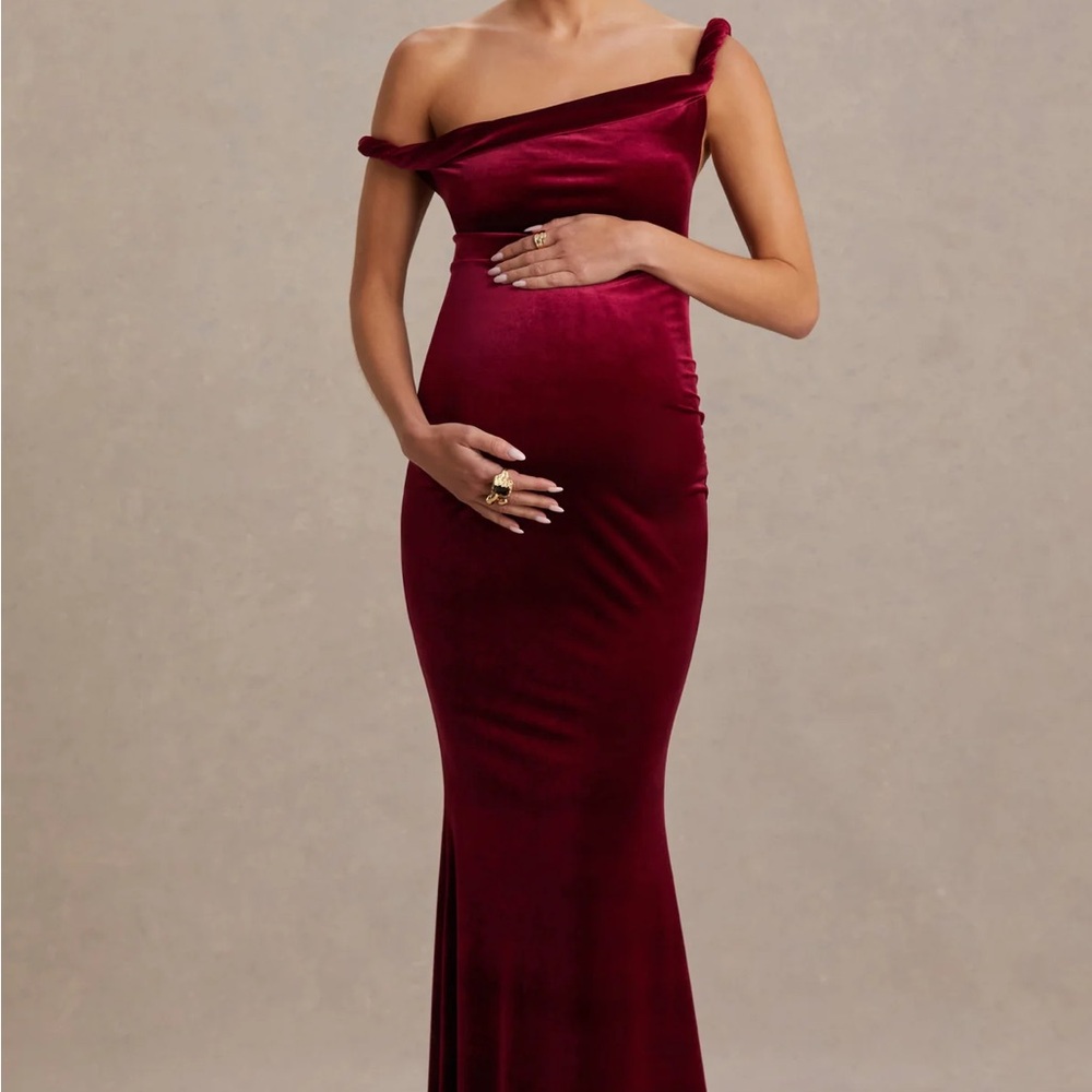 Off-Shoulder Burgundy Velvet Maxi Dress Club L London Tallulah maternity dress
